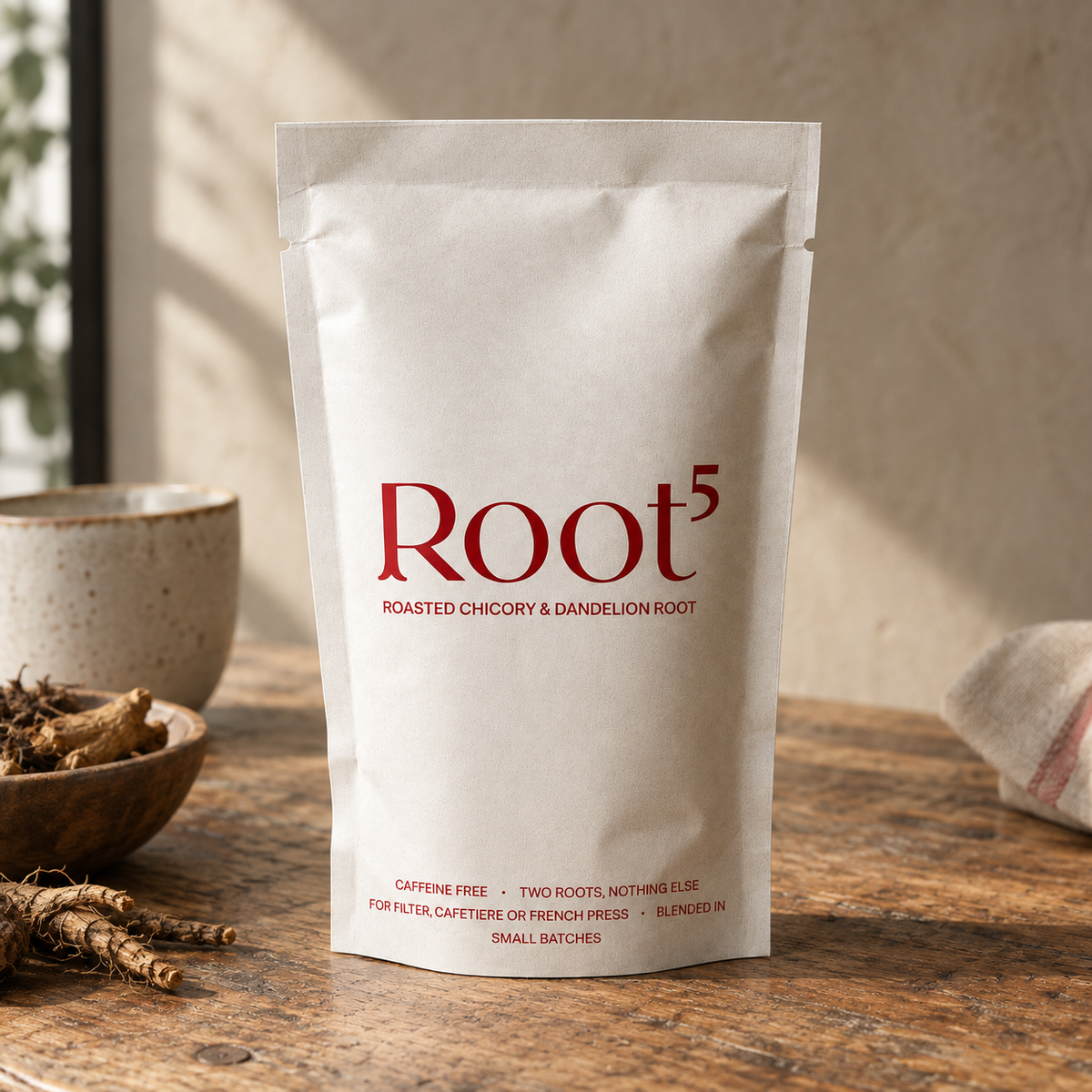 Root⁵ 150g pouch on a wooden table with chicory and dandelion roots